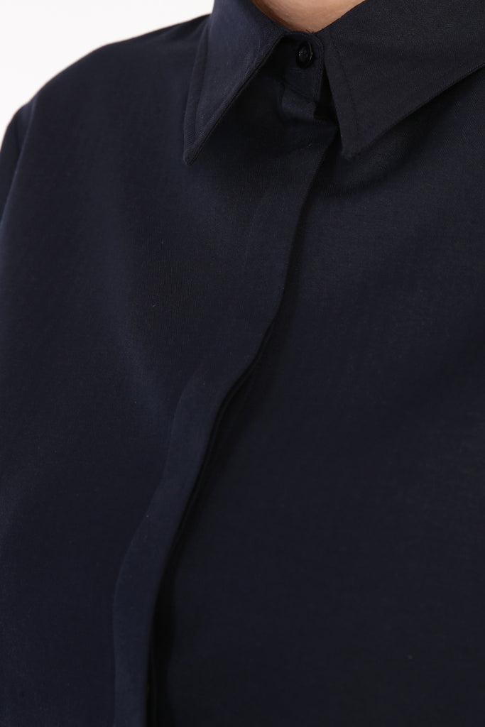 Women's Hidden Button Navy Blue Shirt