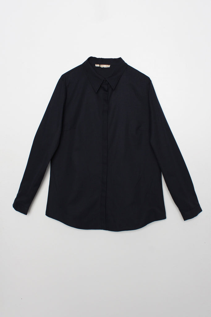 Women's Hidden Button Navy Blue Shirt