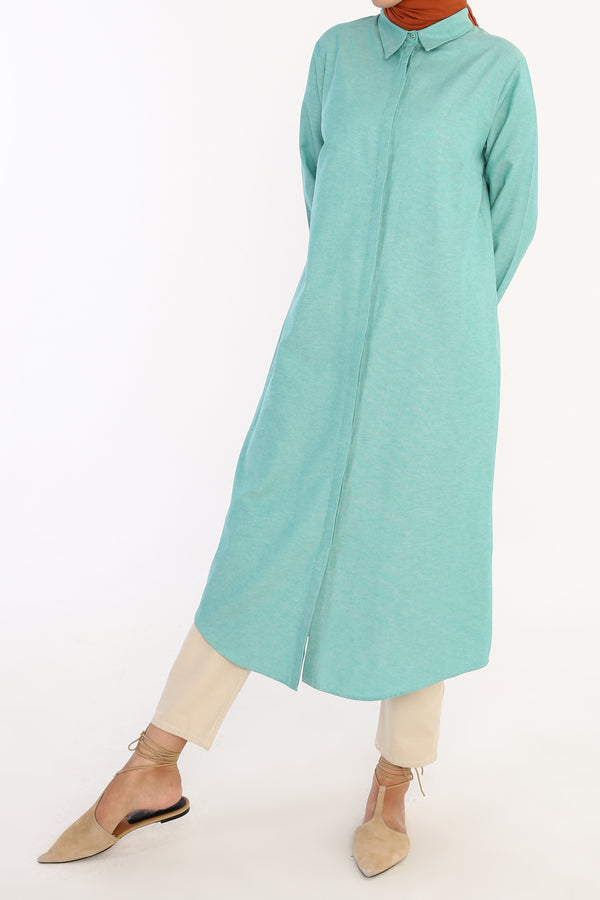 Women's Hidden Button Green Long Shirt