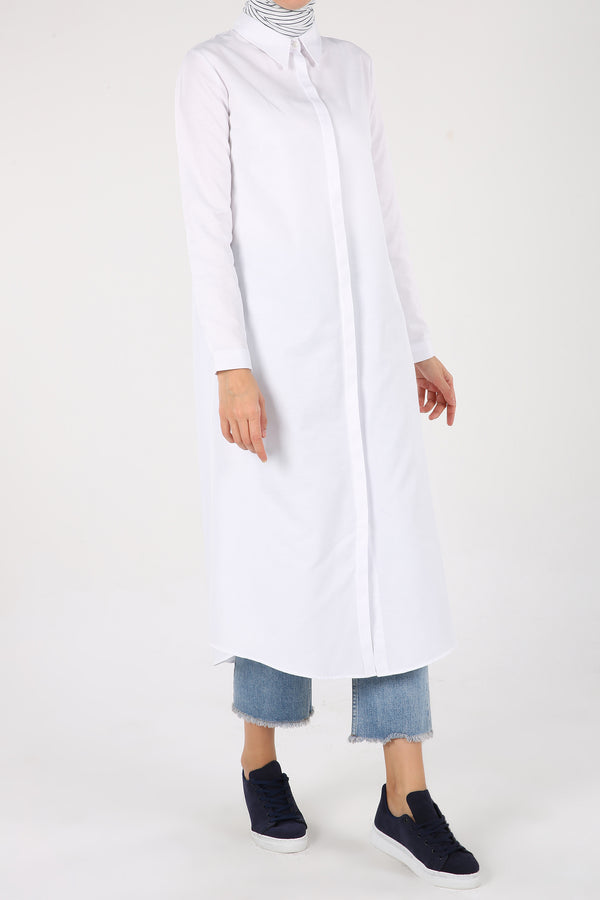 Women's Hidden Button Long White Shirt