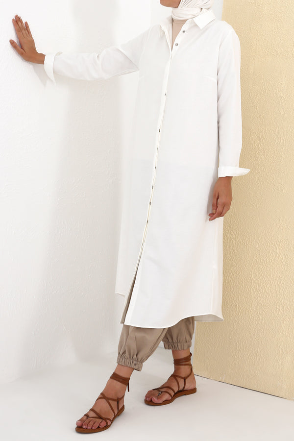 Women's Hidden Button Long Ecru Shirt
