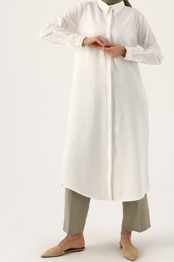 Women's Hidden Button Long Ecru Shirt