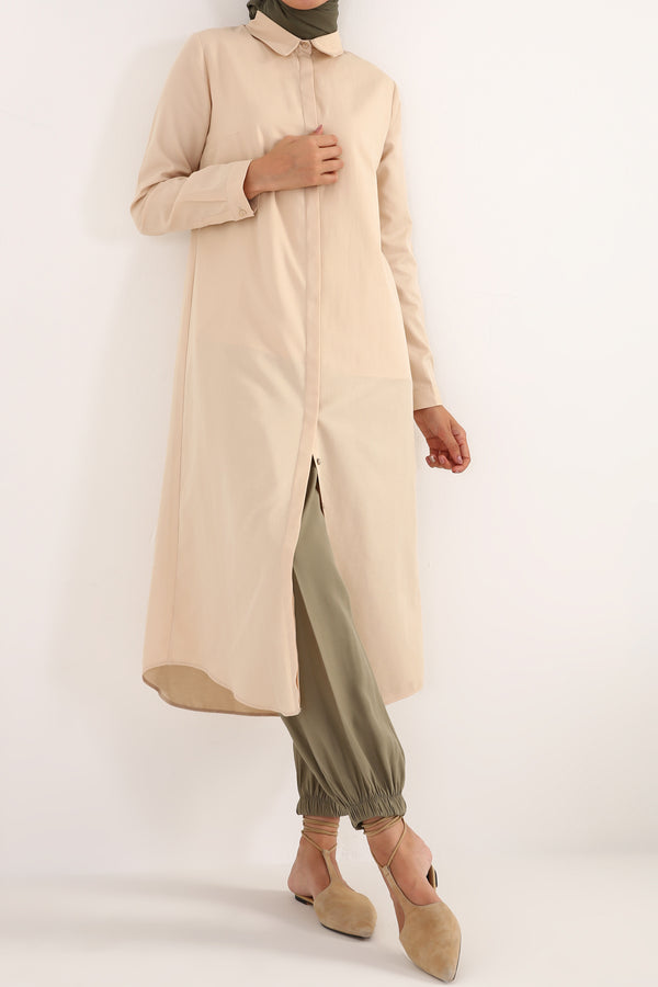 Women's Hidden Button Beige Long Shirt
