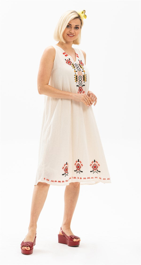 Women's Embroidered Cream Short Dress