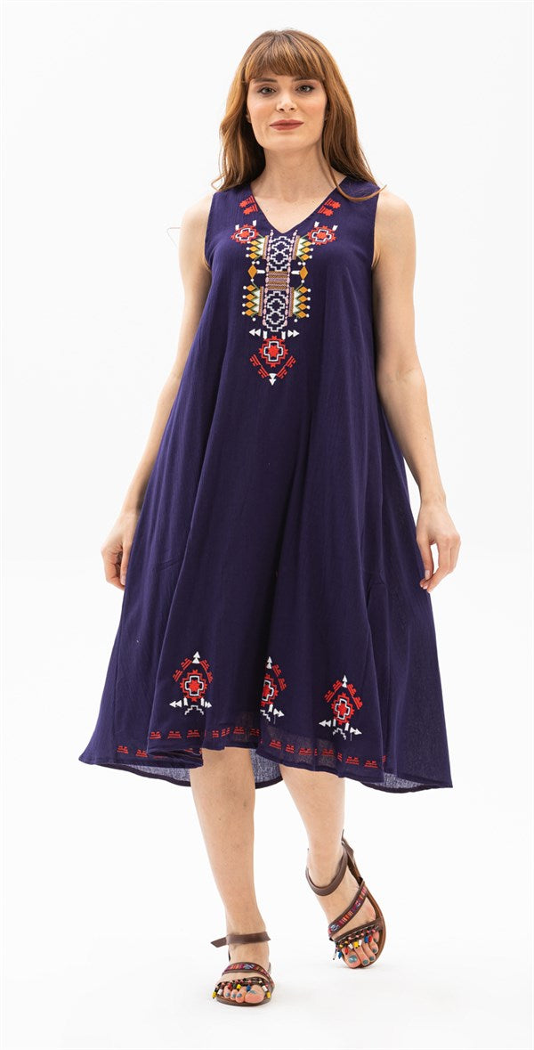 Women's Embroidered Purple Midi Dress