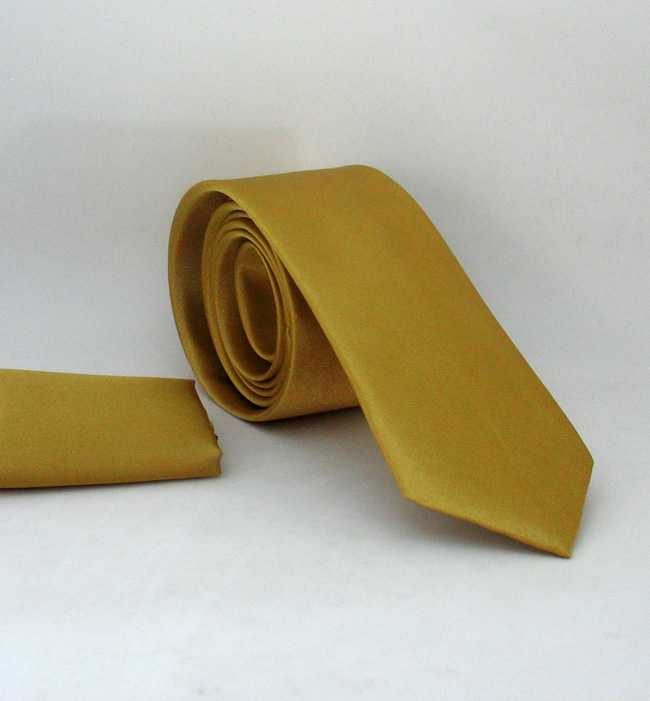 Plain Golden Satin Handkerchief Slim Fit Tie