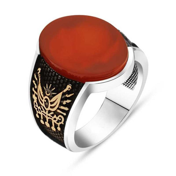 Men's Ottoman Crest Design Gemmed Silver Ring