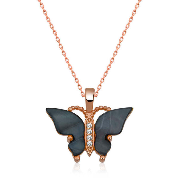 Women's Anthracite Tiger Eye Gemmed Butterfly Pendant Silver Necklace