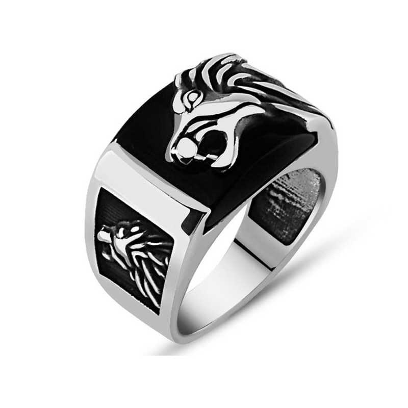 Men's Lion Design Black Gemmed Silver Ring