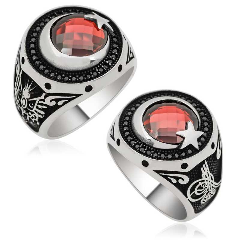 Men's Crescent Star Design Silver Ring