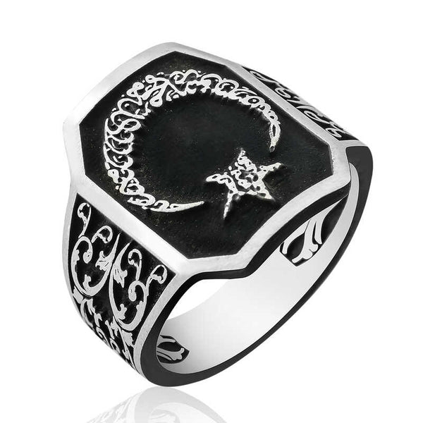 Men's Star Crescent Design Silver Ring