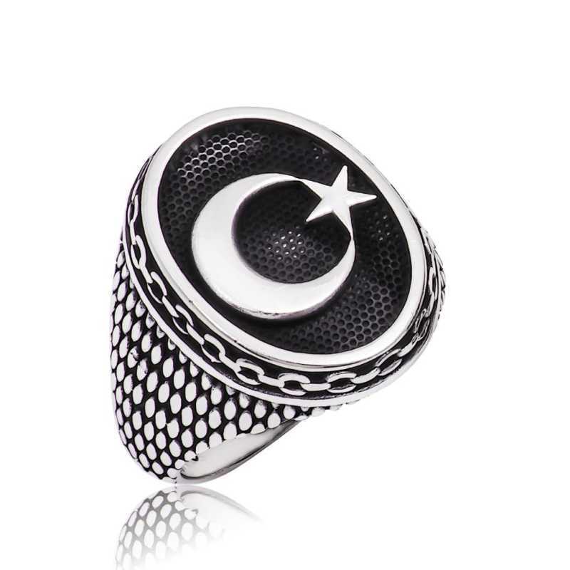 Men's Crescent Star Design Silver Ring