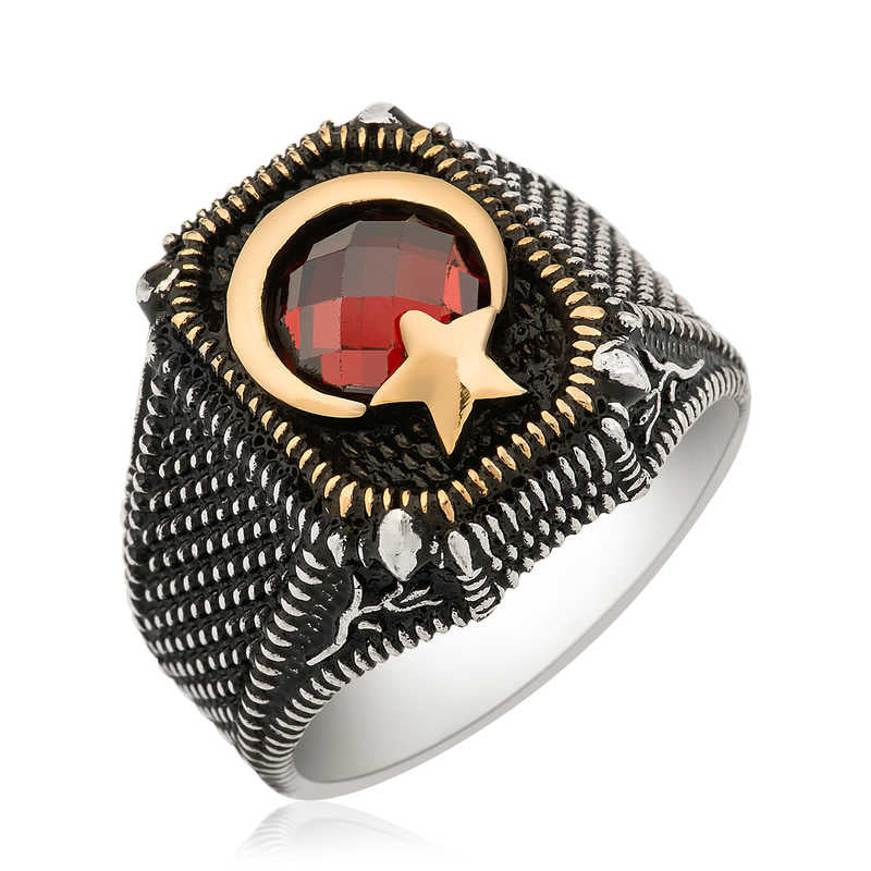 Men's Star Crescent Design Silver Ring