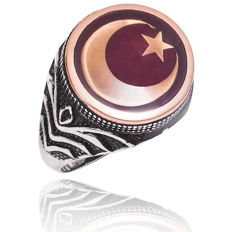 Men's Star Crescent Design Silver Ring