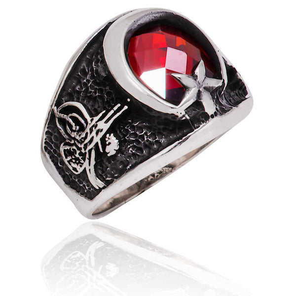 Men's Crescent Star & Tughra Design Silver Ring