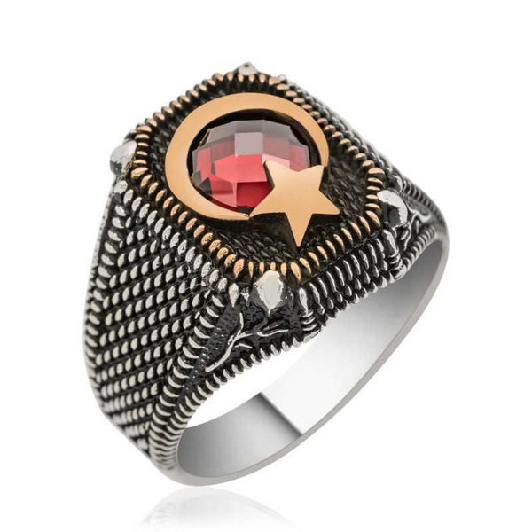 Men's Star Crescent Design Silver Ring