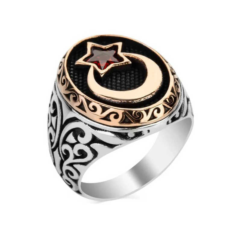 Men's Star Crescent Design Silver Ring