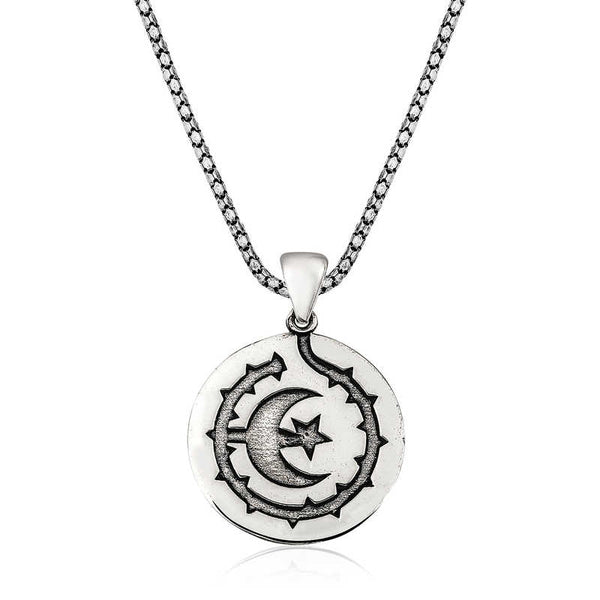 Men's Crescent Star Design Silver Necklace
