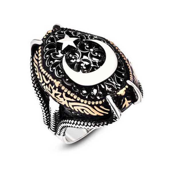 Men's Crescent Star Design Silver Ring