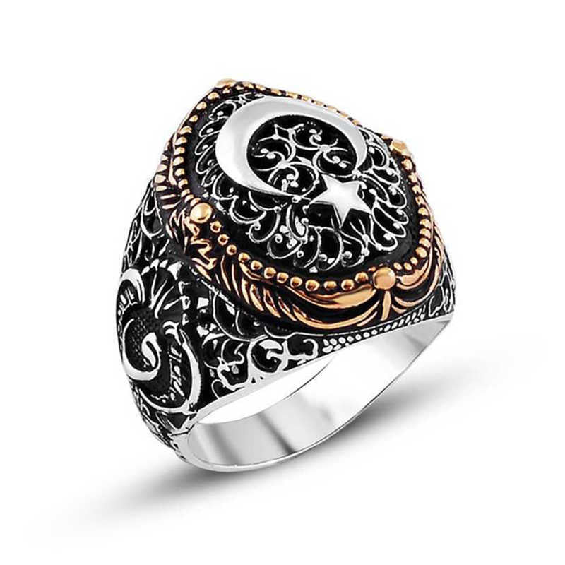 Men's Star Crescent Design Silver Ring