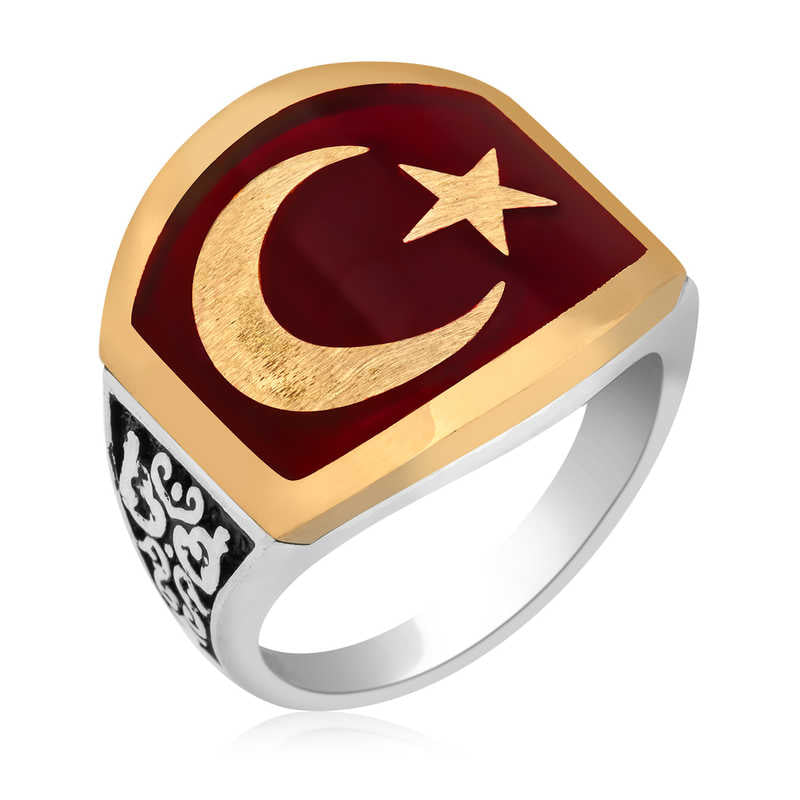 Men's Crescent Star Design Silver Ring