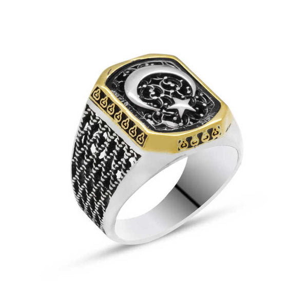 Men's Star Crescent Design Silver Ring