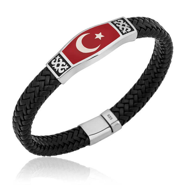 Men's Silver Crescent Star Accessory Leather Bracelet