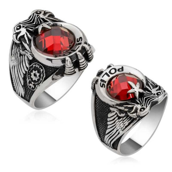 Men's Red Gemmed Silver Ring