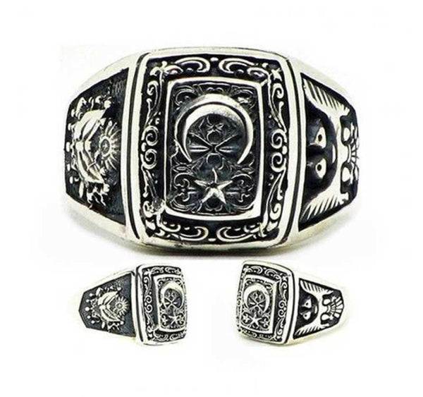 Men's Ottoman Crest & Crescent Star Design Silver Ring