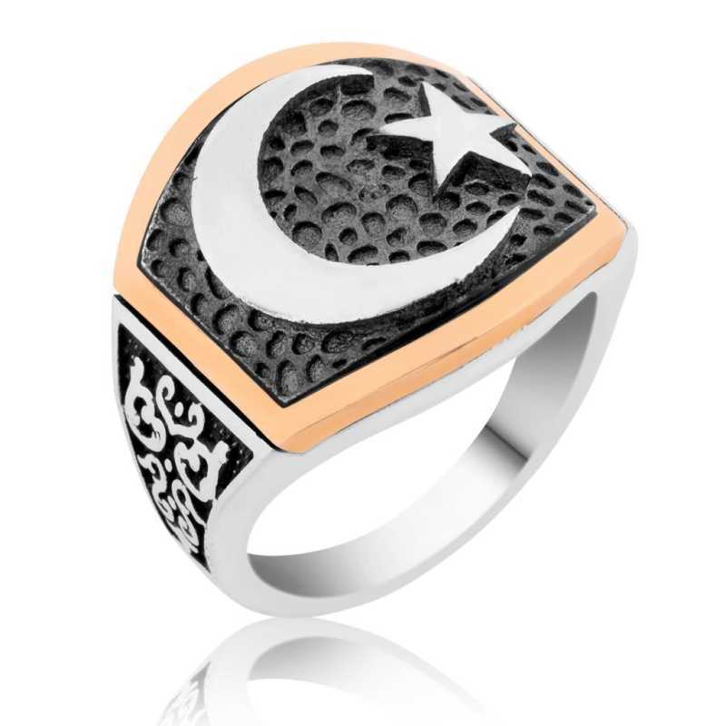 Men's Star Crescent Design Silver Ring