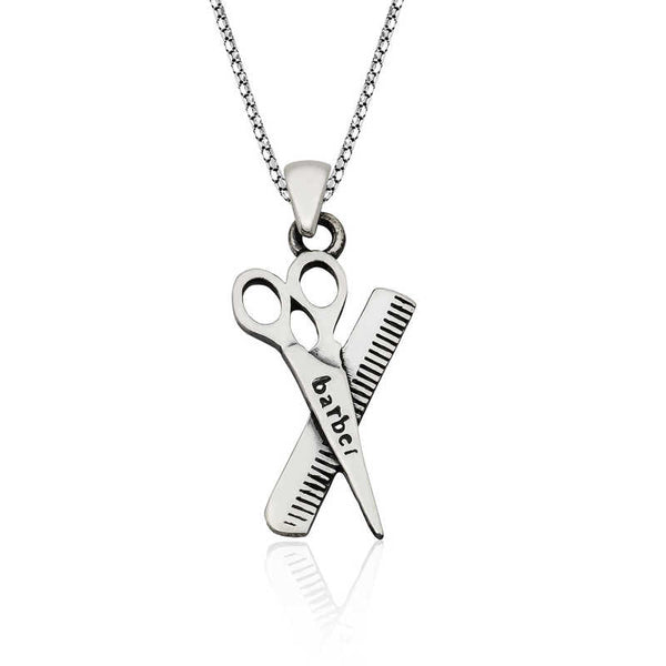 Men's Scissors & Comb Pendant Silver Necklace