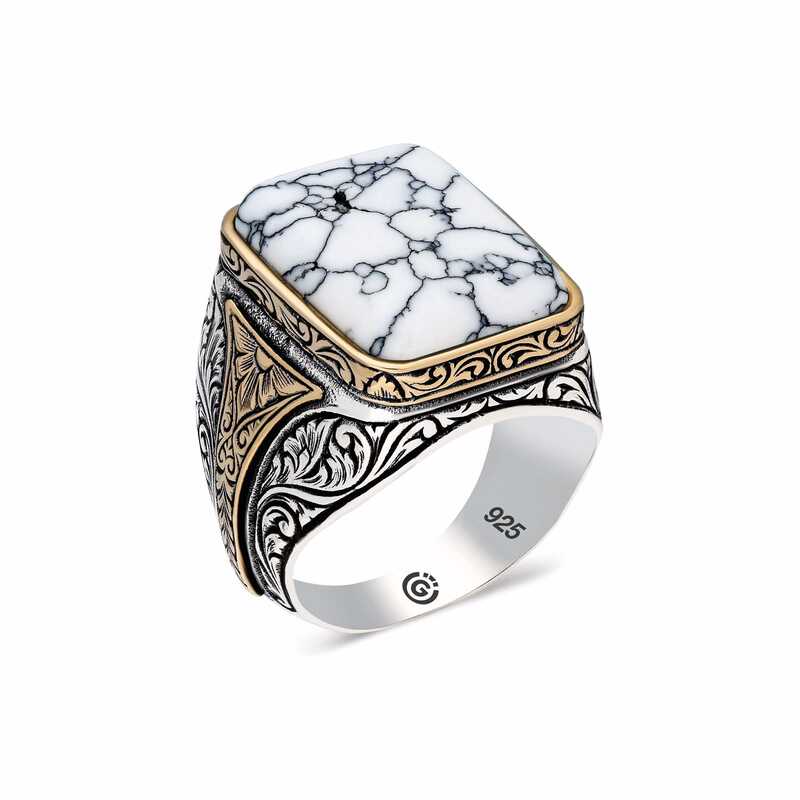 Men's Patterned White Havlit Stone Silver Ring