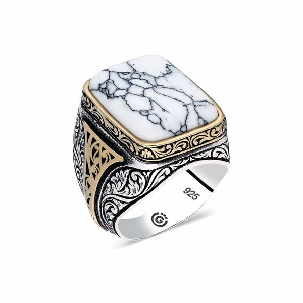 Men's Square Figure White Havlit Stone Ring