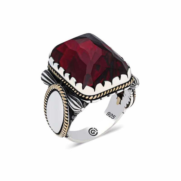 Men's Claret Red Zircon Gemmed Silver Ring