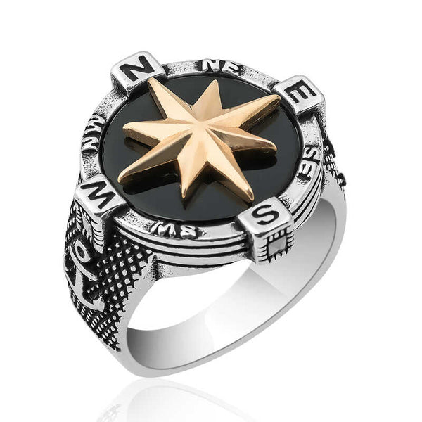 Men's Anchor Detail Compass Design Silver Ring