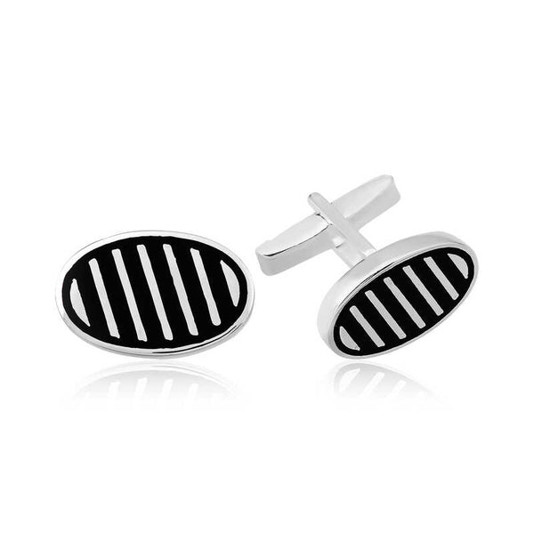 Men's Striped Silver Oval Cufflinks