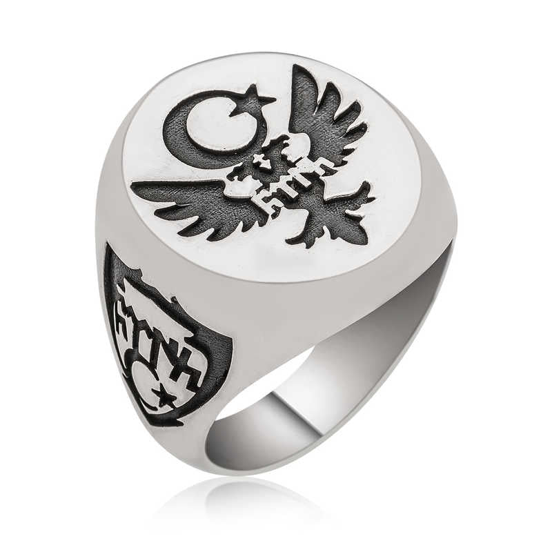 Men's Eagle & Crescent Star Design Silver Ring