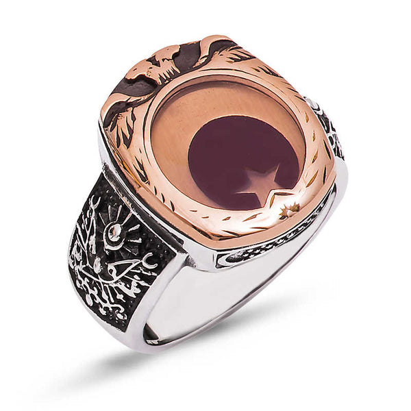 Men's Eagle & Crescent Star Design Silver Ring