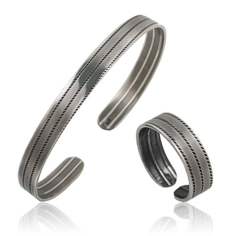 Men's Striped Silver Bracelet & Ring Set