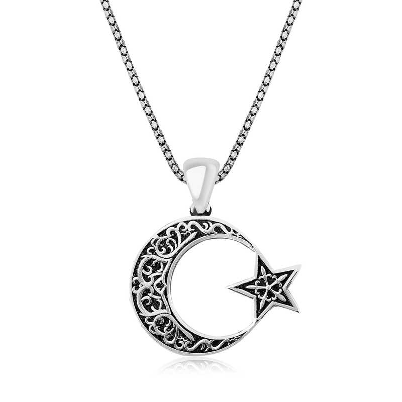 Men's Crescent Star Pendant Silver Necklace