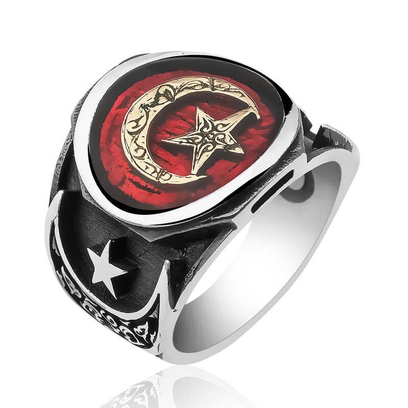 Men's Crescent Star Pattern Silver Ring