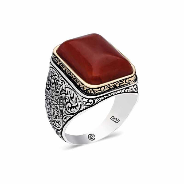 Men's Patterned Red Zircon Gemmed Silver Ring