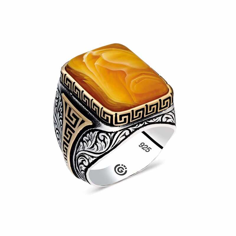 Men's Square Figure Patterned Amber Stone Silver Ring