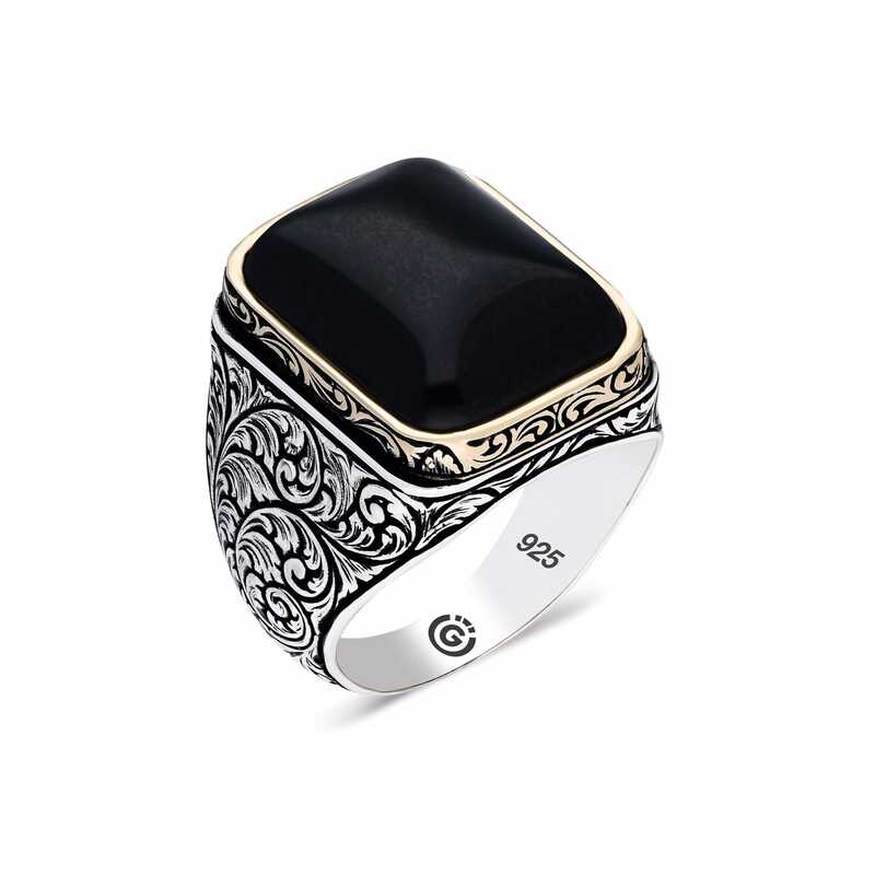 Men's Black Zircon Gemmed Silver Ring