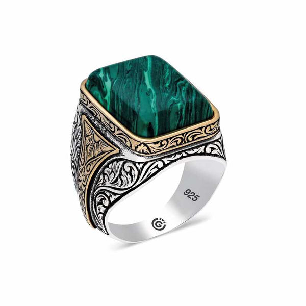 Men's Square Figure Green Amber Stone Silver Ring