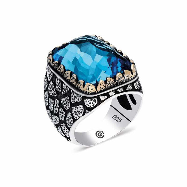Men's Square Figure Blue Zircon Gemmed Silver Ring