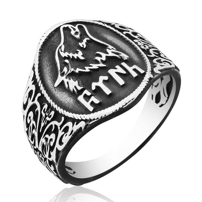 Men's Gokturk Turkish Written Wolf Design Silver Ring