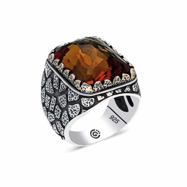 Men's Brown Zircon Gemmed Silver Ring