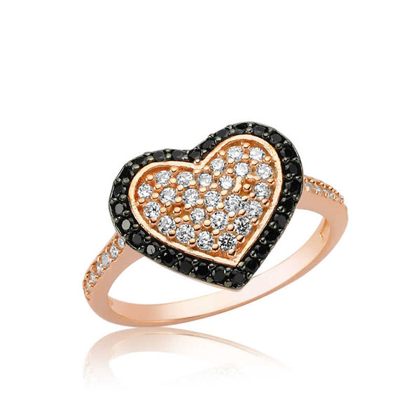 Women's Black Gemmed Heart Design Rose Plated Silver Ring