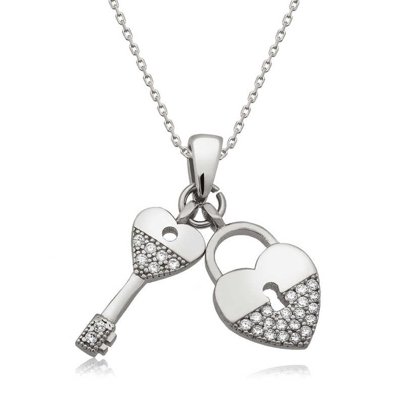 Women's Key & Lock Pendant Silver Necklace